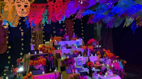 Day of the Dead offering with decorations and colorful papel picado. Stock Footage 293267852