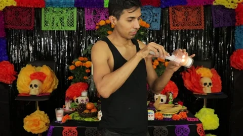 Day of the dead offering, light a candle Stock Footage 170514875