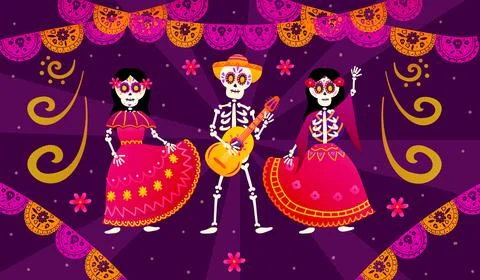 Day of the dead or dia de los muertos with dancing skeletons and playing the Stock Illustration