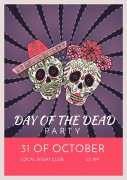 Day of the dead party poster template with two sugar skulls Stock Illustration