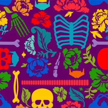 Day of the Dead pattern seamless. Multicolored Skull and skeleton ornament. D Stock Illustration