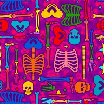 Day of the Dead pattern seamless. Multicolored Skull and skeleton ornament. D Stock Illustration
