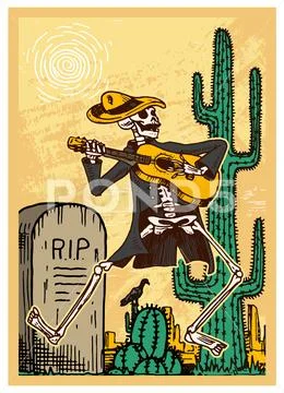 Day of the Dead Posters on a colored background. Skeletons dance and play Stock Illustration