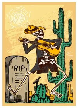 Day of the Dead Posters on a colored background. Skeletons dance and play Illustrazione stock