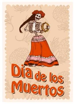 Day of the Dead Posters on a colored background. Skeletons dance and play Illustrazione stock