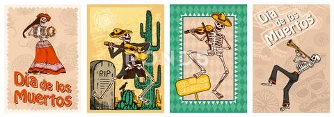 Day of the Dead Posters on a colored background. Skeletons dance and play Stock Illustration