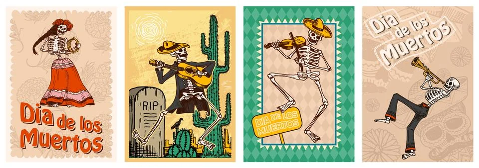 Day of the Dead Posters on a colored background. Skeletons dance and play Illustrazione stock