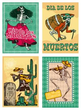 Day of the Dead Posters on a colored background. Skeletons dance and play Illustrazione stock