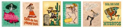Day of the Dead Posters on a colored background. Skeletons dance and play Stock Illustration