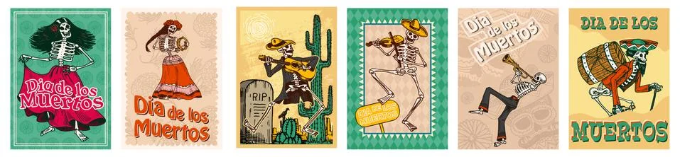 Day of the Dead Posters on a colored background. Skeletons dance and play Illustrazione stock