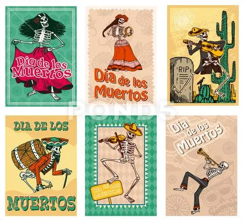 Day of the Dead Posters on a colored background. Skeletons dance and play Stock Illustration