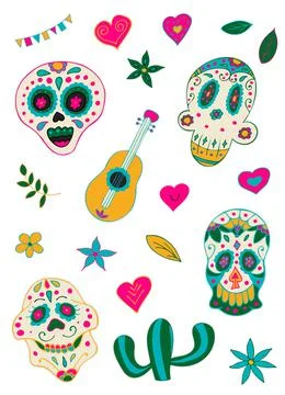 Day of the Dead Printable Sticker Pack. Dia de los Muertos. Sugar Skulls with Stock Illustration