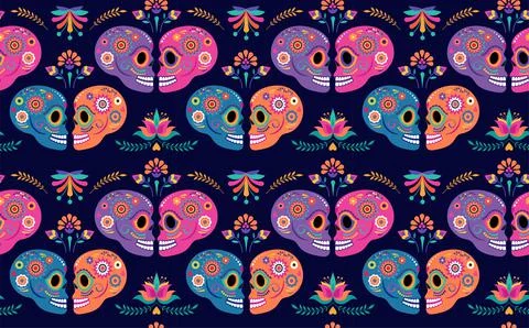 Day of the dead seamless pattern and background with colorful skulls and Mexican Stock Illustration