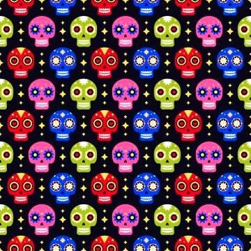 Day of the dead seamless pattern with colorful skulls on dark background. Tra Stock Illustration
