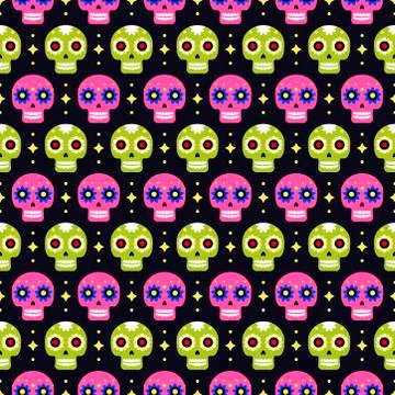 Day of the dead seamless pattern with colorful skulls on dark background. Tra Stock Illustration