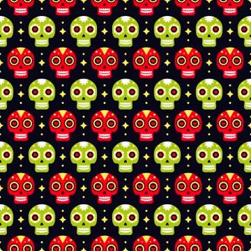 Day of the dead seamless pattern with colorful skulls on dark background. Tra Stock Illustration