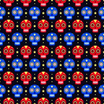 Day of the dead seamless pattern with colorful skulls on dark background. Tra Stock Illustration