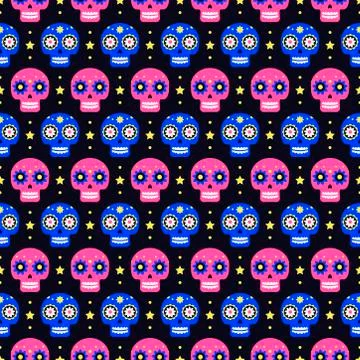 Day of the dead seamless pattern with colorful skulls on dark background. Tra Stock Illustration