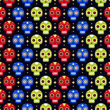 Day of the dead seamless pattern with colorful skulls on dark background. Tra Stock Illustration