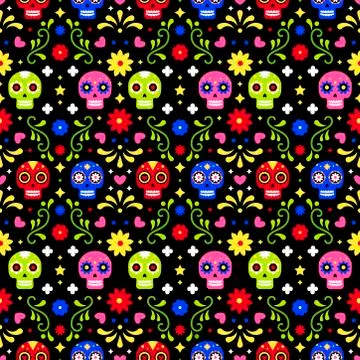 Day of the dead seamless pattern with colorful skulls and flowers on dark bac Stock Illustration