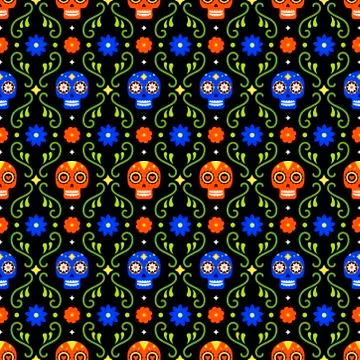 Day of the dead seamless pattern with colorful skulls and flowers on dark Stock Illustration