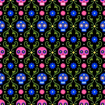 Day of the dead seamless pattern with colorful skulls and flowers on dark Stock Illustration