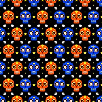 Day of the dead seamless pattern with colorful skulls on dark background Stock Illustration