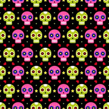 Day of the dead seamless pattern with colorful skulls on dark background Stock Illustration