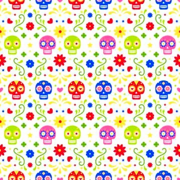 Day of the dead seamless pattern with colorful skulls and flowers on white Stock Illustration