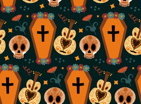 Day of the dead seamless pattern. Dia de los Muertos hand drawing repeating Stock Illustration