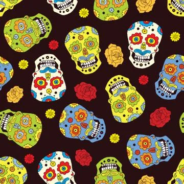 Day of the Dead seamless pattern, handdrawn sugar skulls and roses background Stock Photos
