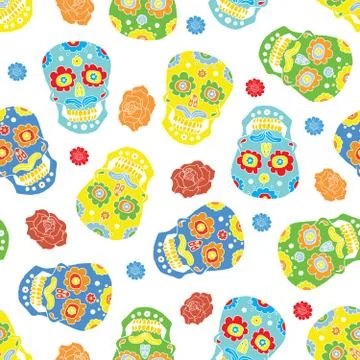 Day of the Dead seamless pattern, handdrawn sugar skulls and roses background Foto stock
