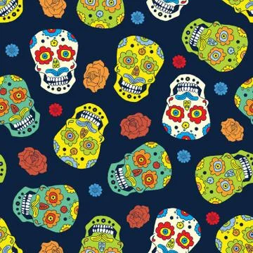 Day of the Dead seamless pattern, handdrawn sugar skulls and roses background Stock Photos