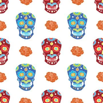Day of the Dead seamless pattern, handdrawn sugar skulls and roses background Stock Photos