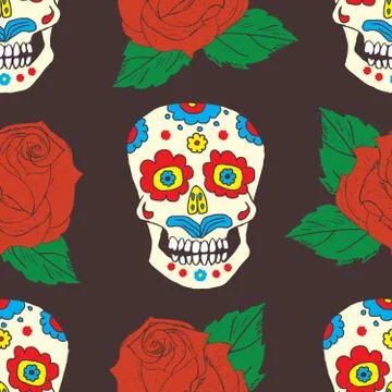 Day of the Dead seamless pattern, handdrawn sugar skulls and roses background Stock Photos