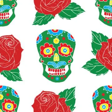 Day of the Dead seamless pattern, handdrawn sugar skulls and roses background Foto stock