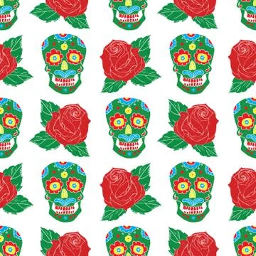 Day of the Dead seamless pattern, handdrawn sugar skulls and roses background Stock Photos