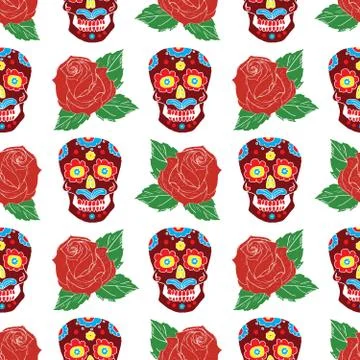 Day of the Dead seamless pattern, handdrawn sugar skulls and roses background Stock Photos
