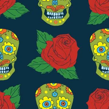 Day of the Dead seamless pattern, handdrawn sugar skulls and roses background Stock Photos
