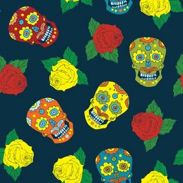 Day of the Dead seamless pattern, handdrawn sugar skulls and roses background Stock Photos