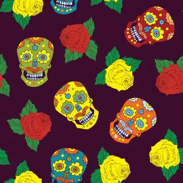 Day of the Dead seamless pattern, handdrawn sugar skulls and roses background Stock Photos