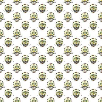 Day of the Dead seamless pattern, handdrawn sugar skulls with moustache backg Stock Photos