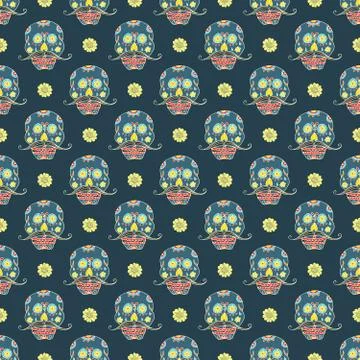 Day of the Dead seamless pattern, handdrawn sugar skulls with moustache backg Stock Photos