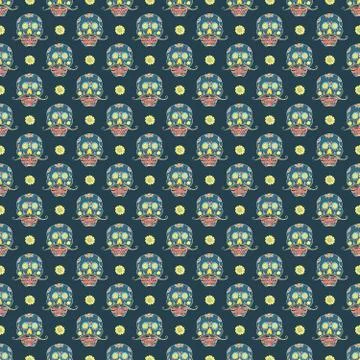 Day of the Dead seamless pattern, handdrawn sugar skulls with moustache backg Stock Photos