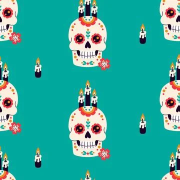 Day of the Dead. Seamless Pattern with Mexican Skulls and Burning Candles o.. Illustrazione stock