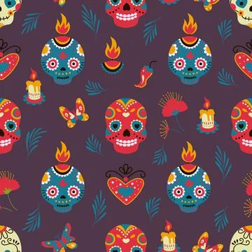 Day of dead seamless pattern with skull and flowers. Gothic floral mexican print Stock Illustration
