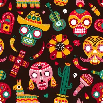 Day of dead seamless pattern. Skulls, guitar and llama hot pepper, heart and Stock Illustration