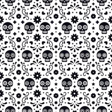 Day of the dead seamless pattern with skulls and flowers on white background. Stock Illustration