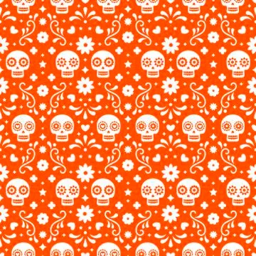 Day of the dead seamless pattern with skulls and flowers on red background. T Stock Illustration