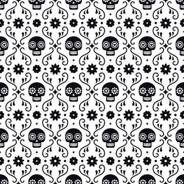 Day of the dead seamless pattern with skulls and flowers on white background Stock Illustration